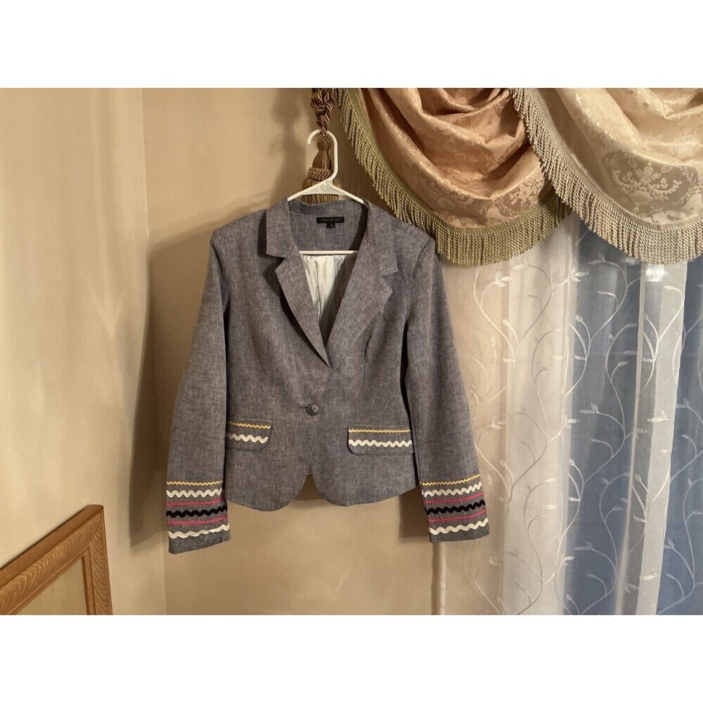Vintage Blazer Cynthia cotton linen gray tailored women’s jacket Sz M embroidere - Picture 3 of 7
